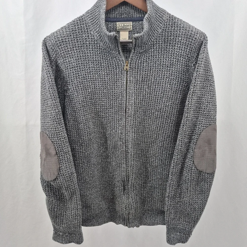LL Bean Sweater Mens Large Gray Full Zip Elbow Pad Waffle Knit Grandpa Core - Picture 2 of 10